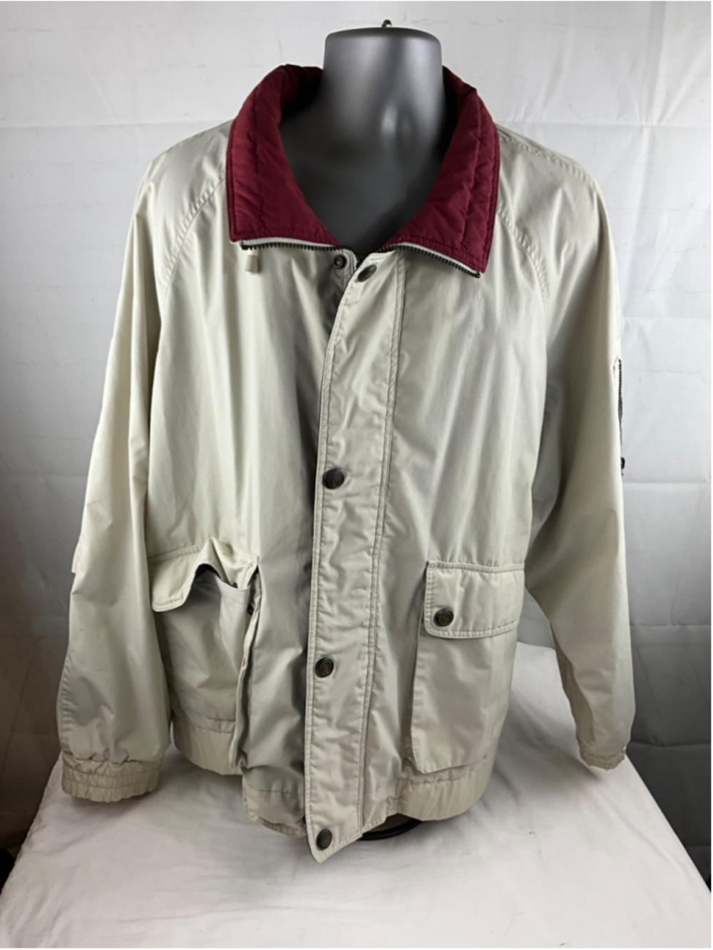 London Fog Men's Khaki Bomber Jacket XL Zip Liner Missing Chest 27 Length 29 Use